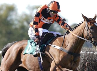 Brendan Powell riding Court Master (R) clear the last to win The Use The racingtv.com Tracker Handicap Chase at Warwick Racecourse, Warwick.