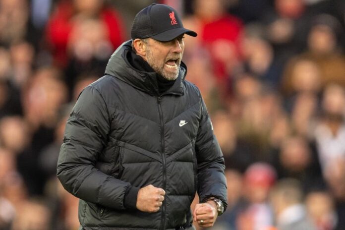 LIVERPOOL, ENGLAND - Sunday, January 16, 2023: Liverpool's manager Jurgen Klopp celebrates after the FA Premier League match between Liverpool FC and Brentford FC at Anfield. Liverpool won 3-0. (Pic by David Rawcliffe/Propaganda)