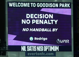 Lampard: VAR signifies ‘incompetence at greatest’ | Richards: How is that so unclear? Large screen after VAR decides no penalty for a possible handball by Manchester City's Rodrigo (not pictured) during the Premier League match at Goodison Park, Liverpool. Picture date: Saturday February 26, 2023.