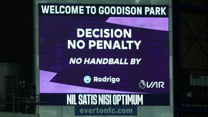 Large screen after VAR decides no penalty for a possible handball by Manchester City&#39;s Rodrigo (not pictured) during the Premier League match at Goodison Park, Liverpool. Picture date: Saturday February 26, 2023.