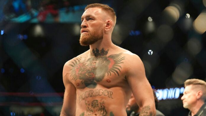 LAS VEGAS, NV - JULY 10: Conor McGregor prepares to fight Dustin Poirier in their lightweight bout during UFC 264 at T-Mobile Arena on July 10, 2023, in Las Vegas, Nevada, United States. (Photo by Louis Grasse/PxImages/Icon Sportswire) (Icon Sportswire via AP Images)