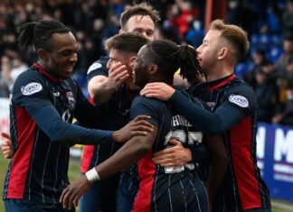 Ross County is seven factors forward of St Johnston DINGWALL, SCOTLAND - FEBRUARY 26: Joseph Hangbo celebrates scoring to make it 3-1 to Ross County during the Cinch Premier League game between Ross County and St. Johnston at Victoria Park, on February 26, in Dingwall, Scotland. (Photo by Rob Casey/SNS Group)