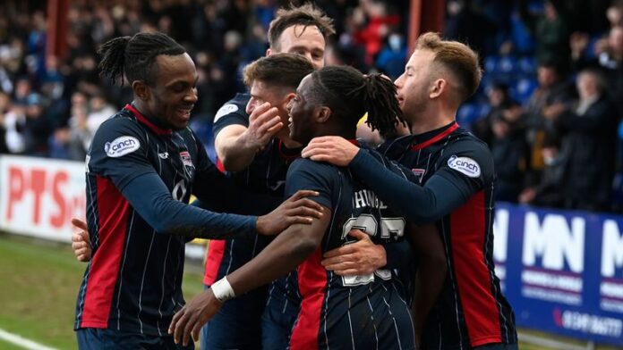 DINGWALL, SCOTLAND - FEBRUARY 26: Joseph Hangbo celebrates scoring to make it 3-1 to Ross County during the Cinch Premier League game between Ross County and St. Johnston at Victoria Park, on February 26, in Dingwall, Scotland.  (Photo by Rob Casey/SNS Group)
