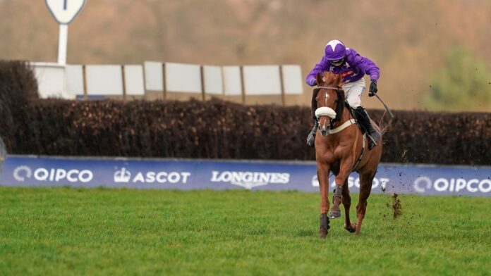 ASCOT, ENGLAND - DECEMBER 19: Harry Cobden riding Mister Malarky bypass the last fence to win The Good Luck Hollie In SPOTY Silver Cup Handicap Chase at Ascot Racecourse on December 19, 2020 in Ascot, England. Owners are allowed to attend if they have a runner at the meeting otherwise racing remains behind closed doors to the public due to the Coronavirus pandemic. (Photo by Alan Crowhurst/Getty Images)
