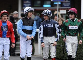 Hughes heads out to ride alongside (left to right) Jamie Moore, Paddy Brennan and Sam Twiston-Davies.