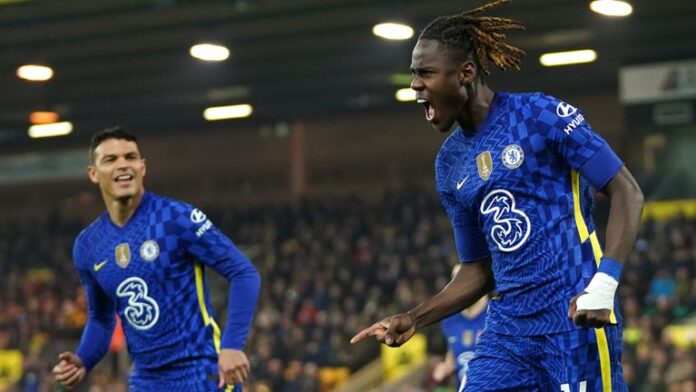 Trevoh Shaloba (right) celebrates Chelsea's first goal of the match