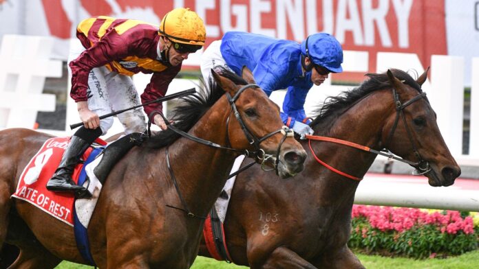 MELBOURNE, AUSTRALIA - OCTOBER 23: John Allen riding State of Rest defeats Craig Williams riding Anamoe in Race 9, the Ladbrokes Cox Plate, during Melbourne Racing on Cox Plate Day at Moonee Valley Racecourse on October 23, 2023 in Melbourne, Australia. (Photo by Vince Caligiuri/Getty Images)
