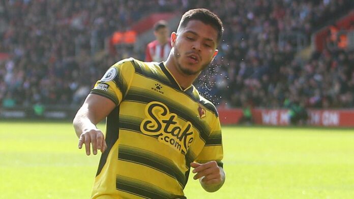 Cucho Hernandez celebrates after scoring his second goal of the match