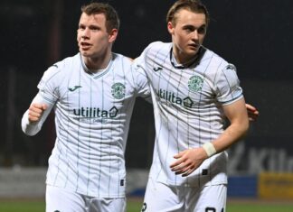 Runar Hauge (L) and Elias Melkersen make their Hibs debut during the Cinch Premiership match between Dundee and Hibs at Dens Park