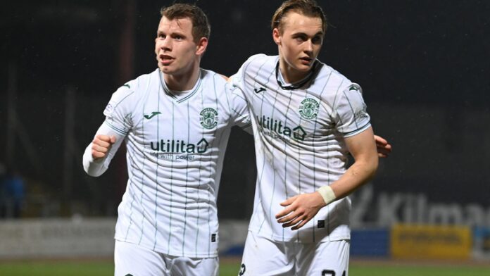 Runar Hauge (L) and Elias Melkersen make their Hibs debut during the Cinch Premiership match between Dundee and Hibs at Dens Park
