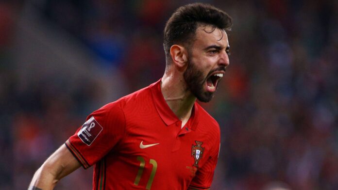 Bruno Fernandes celebrates after scoring against North Macedonia