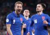 Harry Kane celebrates after giving England the lead from the penalty spot