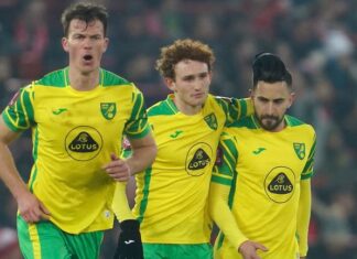 Lukas Robb celebrates after closing the gap for Norwich at Anfield