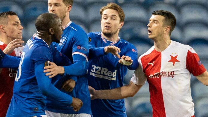 SNS - Rangers&#39; Glen Kamara takes exception to something said by Slavia Prague&#39;s Ondre Kudela during the Europa League Round of 16 2nd Leg match at Ibrox