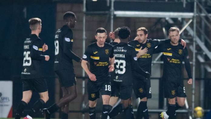 Scott Bateman Livingston celebrates the draw against Dundee United.
