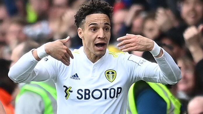 Rodrygo celebrates after opening the scoring for Leeds against Norwich