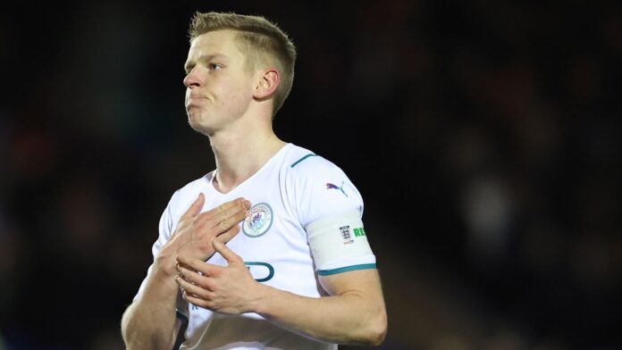 PETERBOROUGH, ENGLAND - MARCH 01: Oleksandr Zinchenko of Manchester City at full time of the Emirates FA Cup Fifth Round match between Peterborough United and Manchester City at Weston Homes Stadium on March 1, 2022 in Peterborough, England. (Photo by James Williamson - AMA/Getty Images)