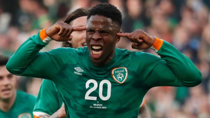 Chidose Ogbeni celebrates after Ireland equalized the lead against Belgium