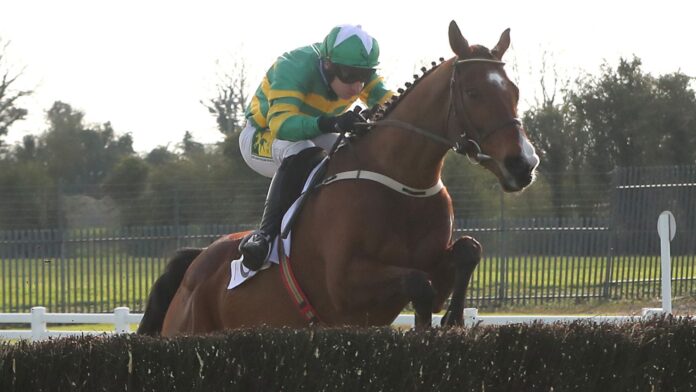 Janidil ridden by jockey Jody McGarvey on their way to winning the Underwriting Exchange Gold Cup Novice Chase during the 2023 Fairyhouse Easter Festival at Fairyhouse 