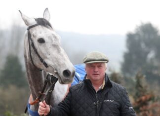 Trainer Colin Tizzard with Eldorado Allen at his yard in Somerset