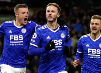 Leicester's James Madison celebrates after scoring against Burnley
