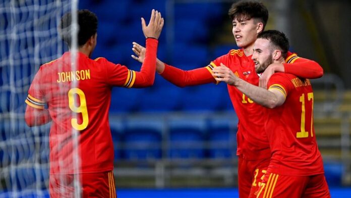 Wales & # 39;  Robin Colwell celebrates with his teammates after scoring their team's first goal