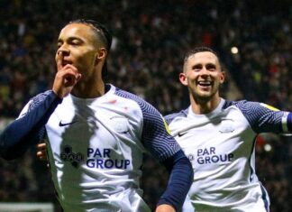 Preston, England - APRIL 05: Preston North End Cameron Archer celebrates scoring the opening goal in front of Blackpool fans during the Sky Bet Championship match between Preston North End and Blackpool at Deepdale on April 5, 2023 in Preston, England.  (Photo by Alex Dodd - CameraSport via Getty Images)                                                                                                                              