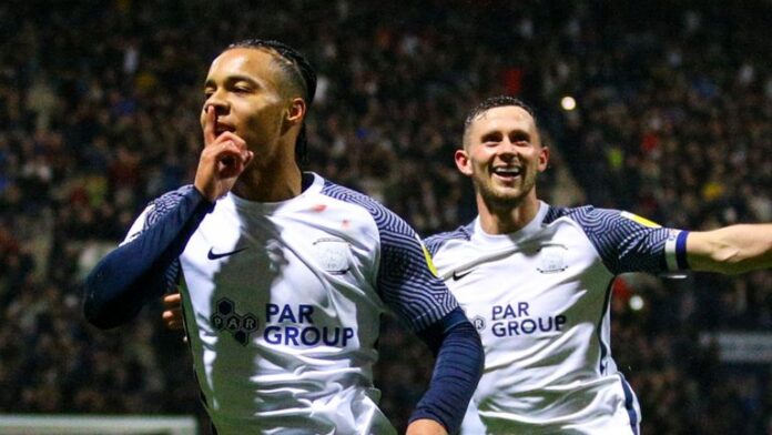 Preston, England - APRIL 05: Preston North End Cameron Archer celebrates scoring the opening goal in front of Blackpool fans during the Sky Bet Championship match between Preston North End and Blackpool at Deepdale on April 5, 2023 in Preston, England.  (Photo by Alex Dodd - CameraSport via Getty Images)                                                                                                                              