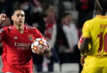 Benfica midfielder Darwin Nunez celebrates after scoring against Liverpool