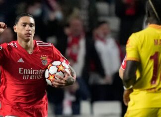 Benfica midfielder Darwin Nunez celebrates after scoring against Liverpool