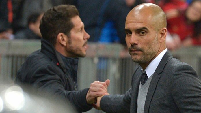 Pep Guardiola, then Bayern Munich coach, and Diego Simeone after Champions League semi-final in 2016