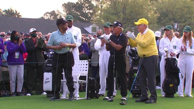 Lee Elder, the first black golfer to play at The Masters, was warmly welcomed when he joined Jack Nicklaus and Gary Player as the new honorary rookie