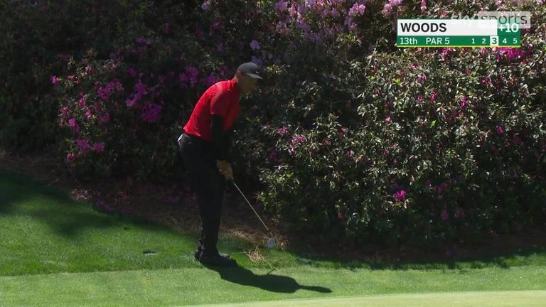 Watch Tiger Woods' left-footed shot from the bush trying to make a birdie on the 13th.