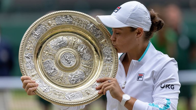 Barty celebrated the trophy after winning the women's singles final at Wimbledon in 2023