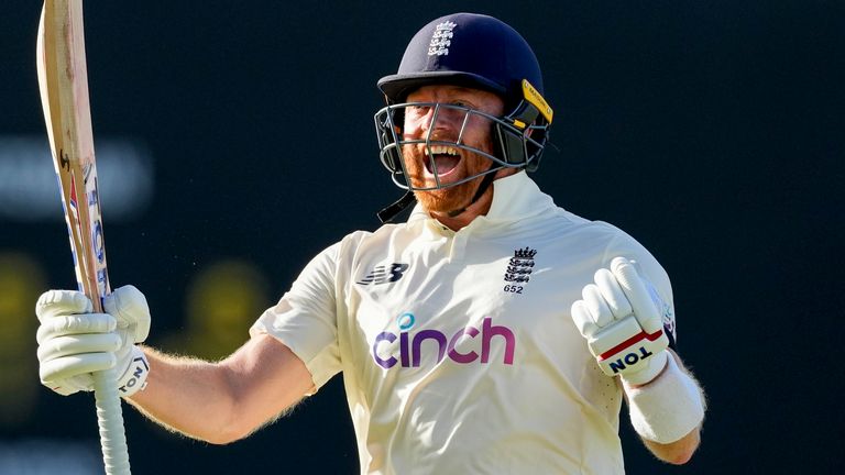 England's Johnny Bairstow celebrates a century later against the West Indies
