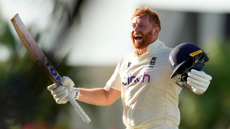 England's Johnny Bairstow celebrates a century later against the West Indies (AP)