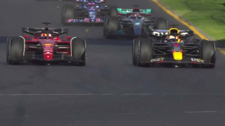 Charles Leclerc and Max Verstappen battle for the lead in the safety car restart at the Australian Grand Prix.
