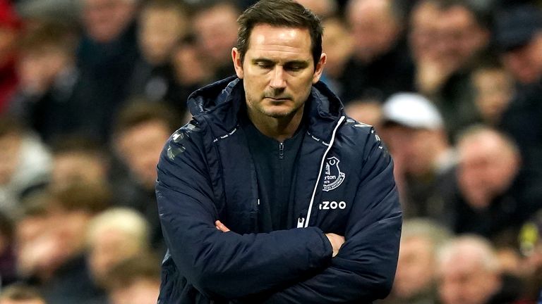 Everton manager Frank Lampard looks frustrated during the Premier League match at St James's Stadium.  park