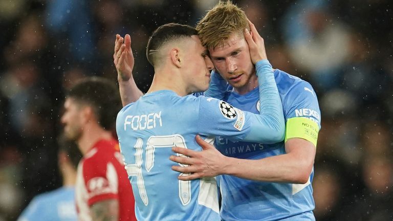 Phil Foden and Kevin De Bruyne celebrate during Manchester City's victory over Atletico Madrid at the Etihad Stadium