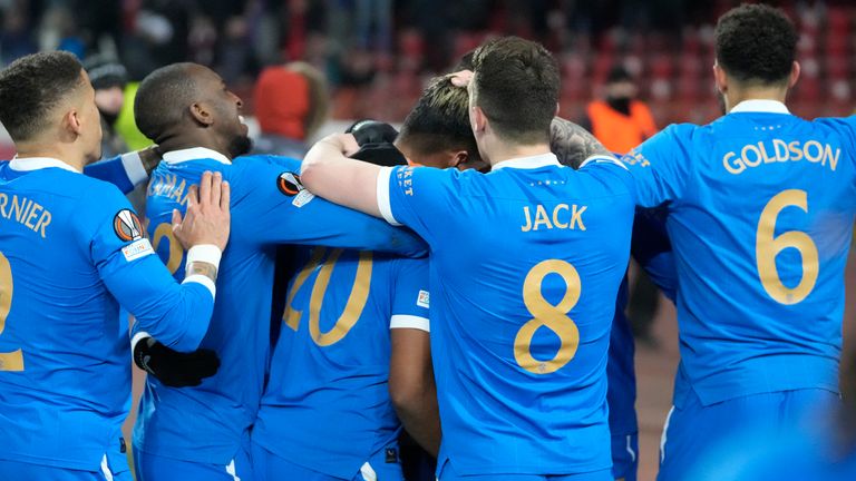 Rangers players celebrate Ryan Kent's goal at Red Star Belgrade
