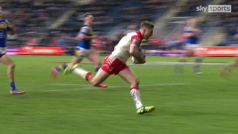 St Helens winger Tommy MacKinson intercepts the 85m to score a thrilling solo attempt and push his team further ahead against Leeds Rhinos.