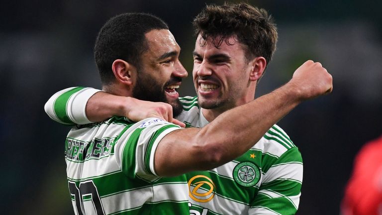 Cameron Carter Vickers celebrates after opening the scoring for Celtic