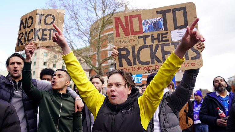 Chelsea fans protest outside the stadium against possible sale of the club to the Ricketts family