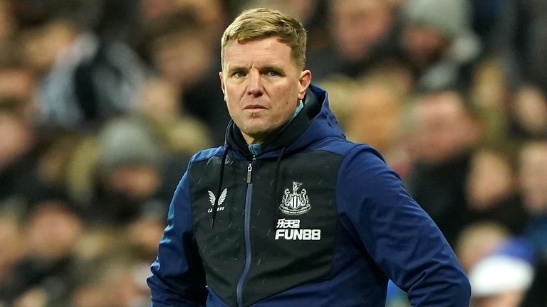 Eddie Howe looks at during the 1-0 defeat to Cambridge United