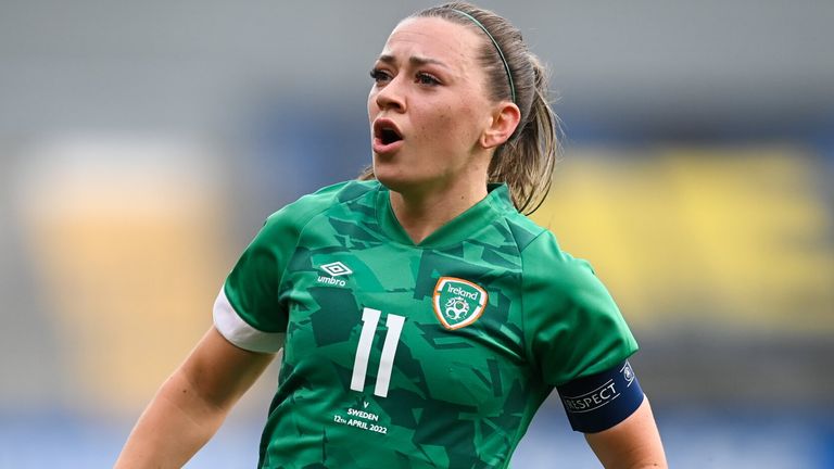 Gothenburg, Sweden - April 12, 2023;  Katie McCabe of the Republic of Ireland celebrates after scoring her team's first goal during the 2023 Women's World Cup qualifying match between Sweden and the Republic of Ireland at Gamla Ullevi in ​​Gothenburg, Sweden.  (Photo by Stephen McCarthy/Sportsfile via Getty Images)