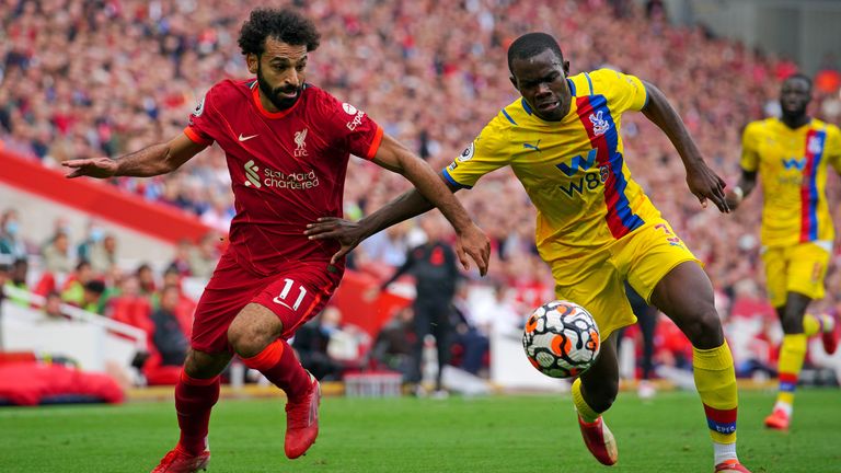Crystal Palace's Terrick Mitchell defends against Mohamed Salah from Liverpool 