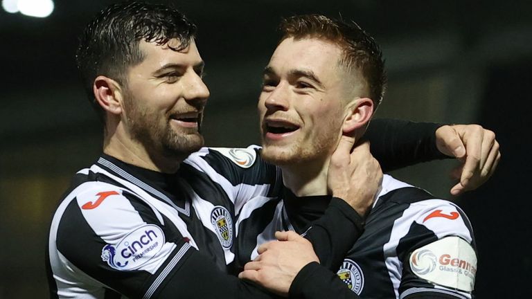 PAISLEY, SCOTLAND - FEBRUARY 9: St Mirren's Conor Ronan celebrates with a 1-1 draw with Jordan Jones during the Premier League match between St Mirren and St Johnston at SMISA Stadium, on February 09, 2023, in Paisley, Scotland.  (Photo by Alan Harvey/SNS Group)
