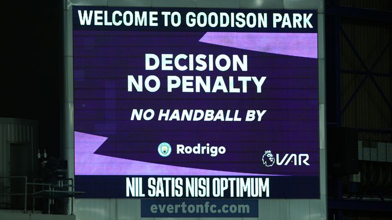 Big screen after Video Assistant Referee technology decided there was no penalty on a potential handball for Manchester City Rodrygo (not pictured) during the Premier League match at Goodison Park, Liverpool.  Photo date: Saturday, February 26, 2023.
