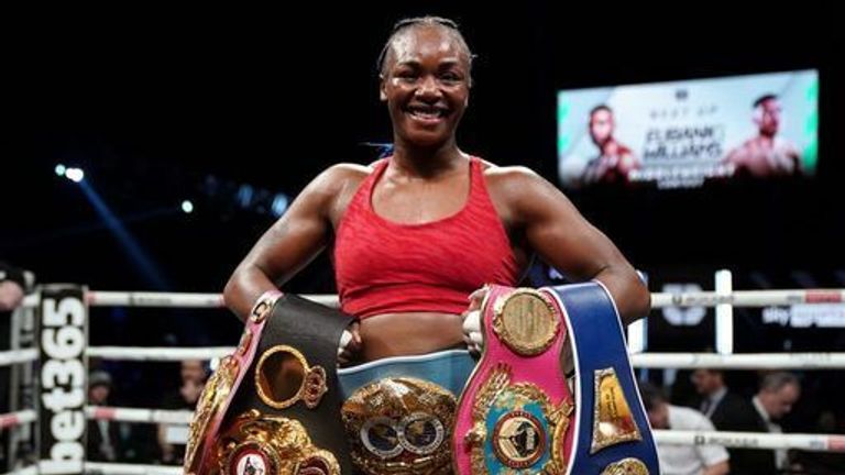 Clarissa Shields celebrates defeating Emma Cosin (not pictured) at the WBC/WBA/IBF World Middleweight Championships at Motorpoint Arena Cardiff. 