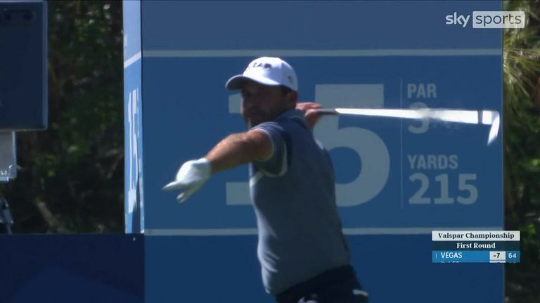 Charles Schwarzl gets frustrated after a poor shot on the tee and throws his club to the ground in a wrath of Valspar Championship.